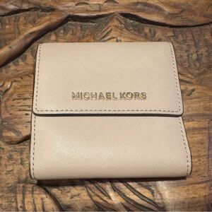 Michael Kors Beige Saffiano Leather Compact Wallet with Gold Logo